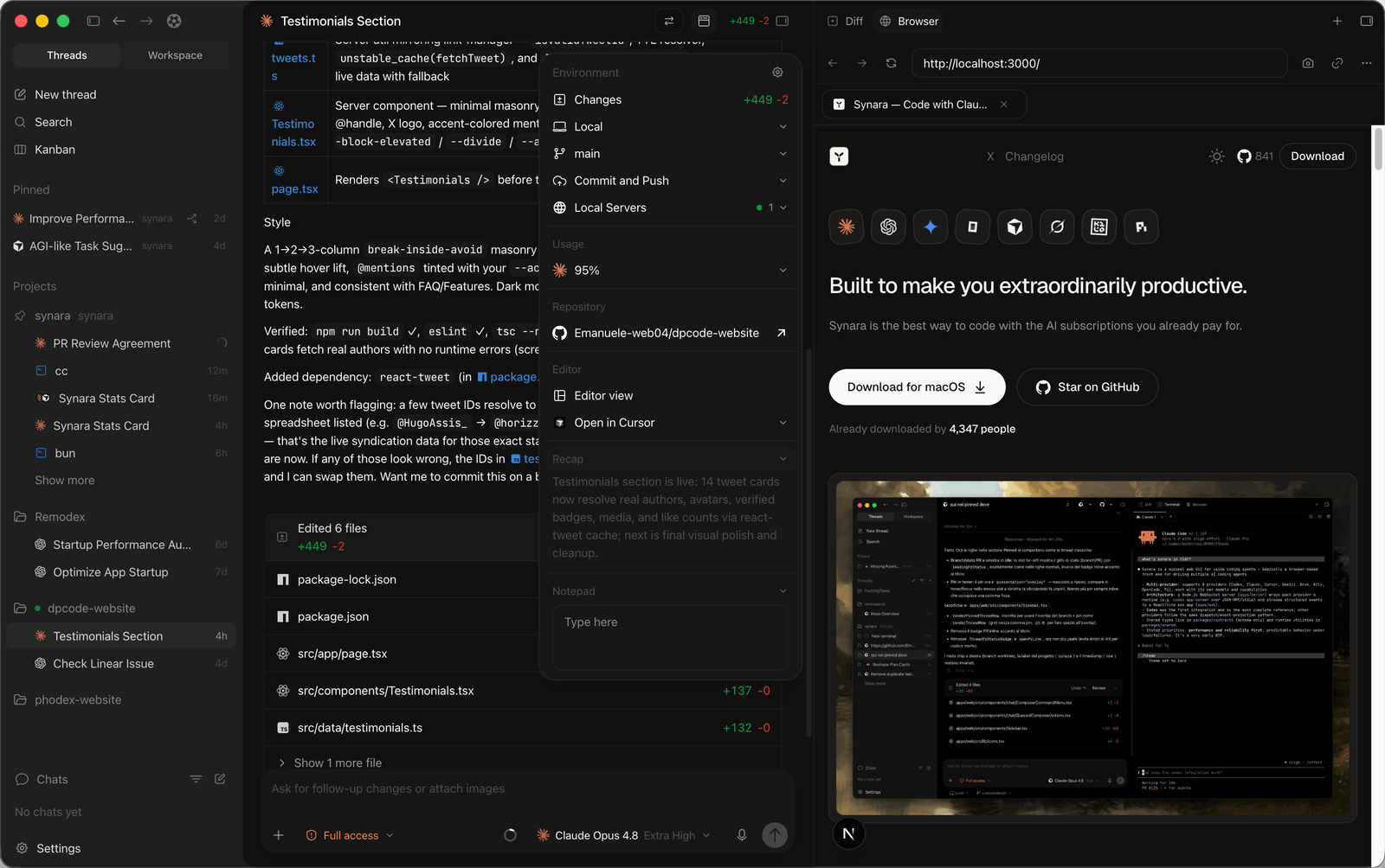 Synara browser verification beside a coding-agent task