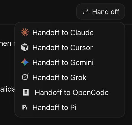 Synara hand-off menu — pass a thread to Claude, Cursor, Grok, OpenCode, or Pi mid-conversation