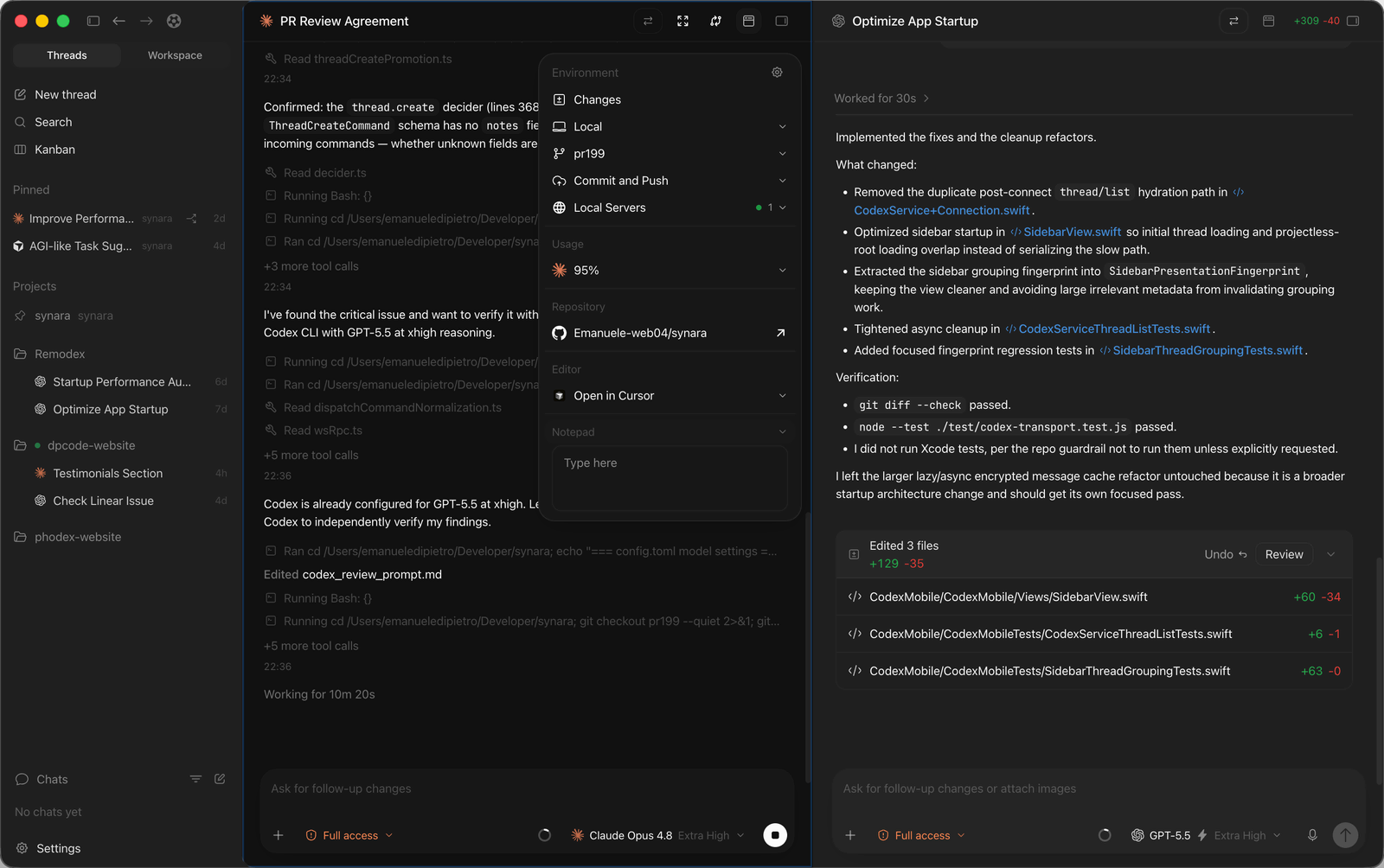 Synara split view — two agent threads running in parallel in the same window